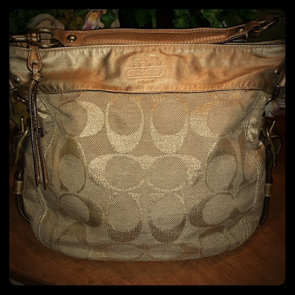 Coach Zoe Gold Metallic Jacquard Hobo Bag